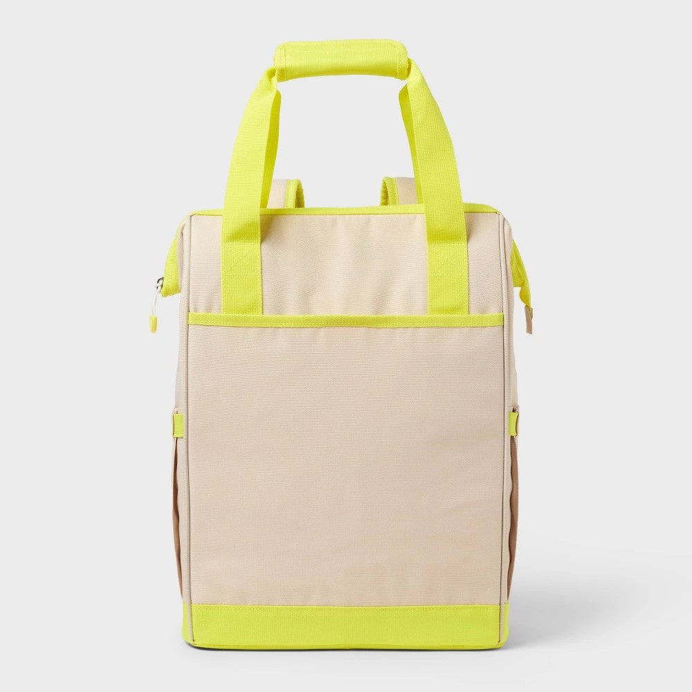 24 Cans/20.4qt Backpack Cooler - Beige/Yellow: PEVA Liner, Adjustable Straps