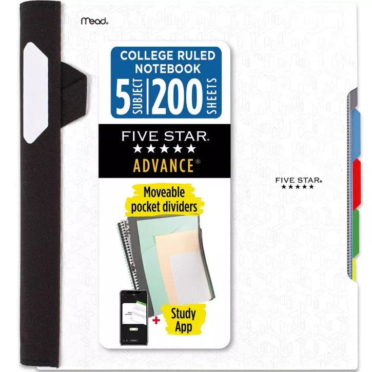 Five Star 200 Sheets 5 Subject College Ruled Spiral Notebook with Pocket Dividers White: School Supplies, 3 Hole Punched